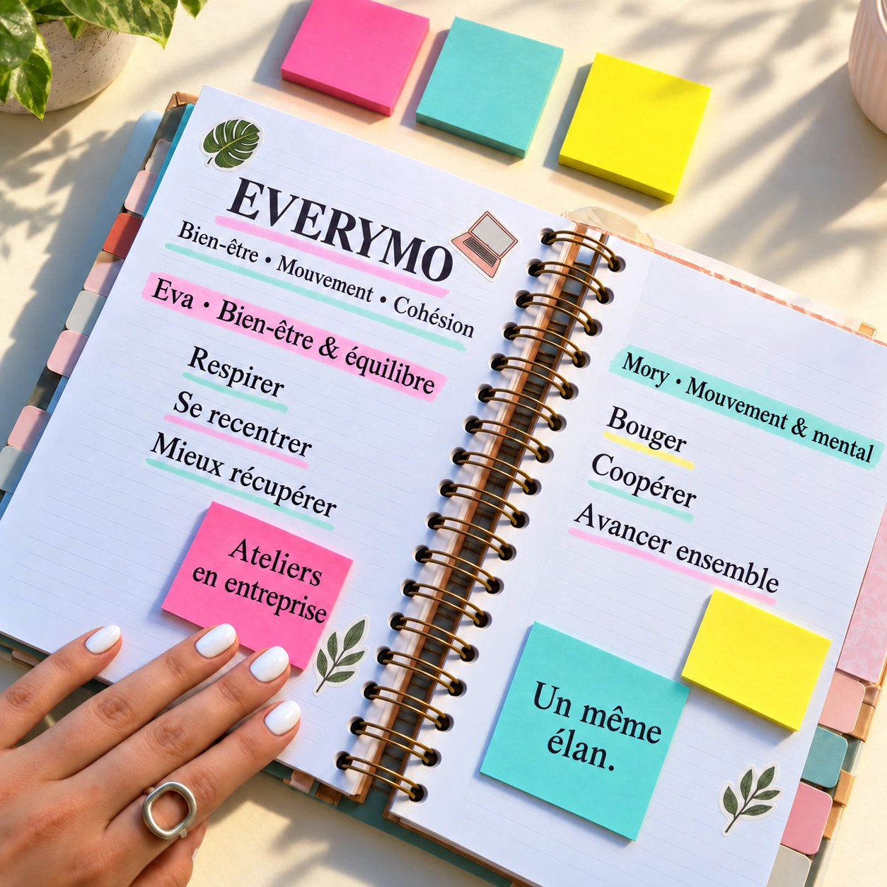 Carnet Everymo : ateliers en entreprise, bien-être, mouvement et cohésion avec Eva et Mory.