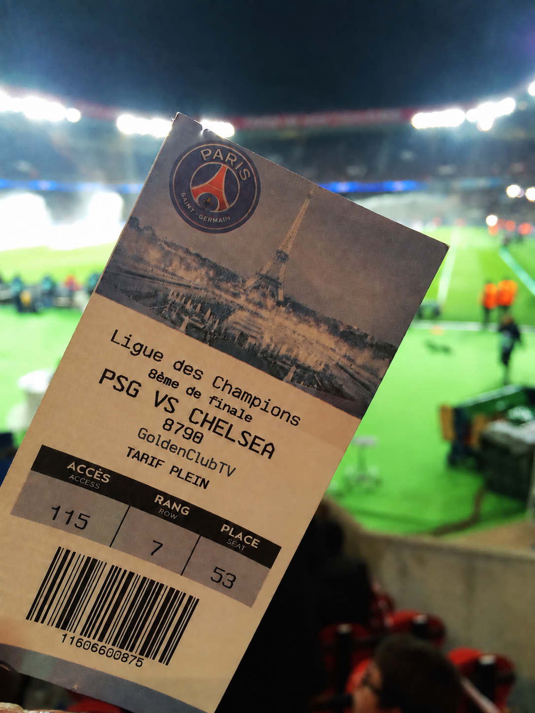 Billet PSG–Chelsea portant la mention GoldenClubTV, en Ligue des champions
