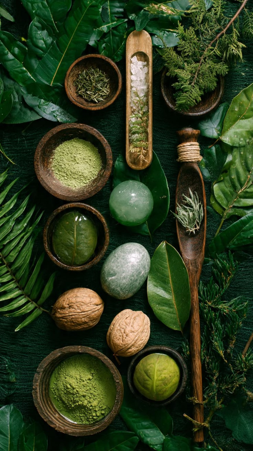 Composition de plantes, bols, cuillères et ingrédients naturels