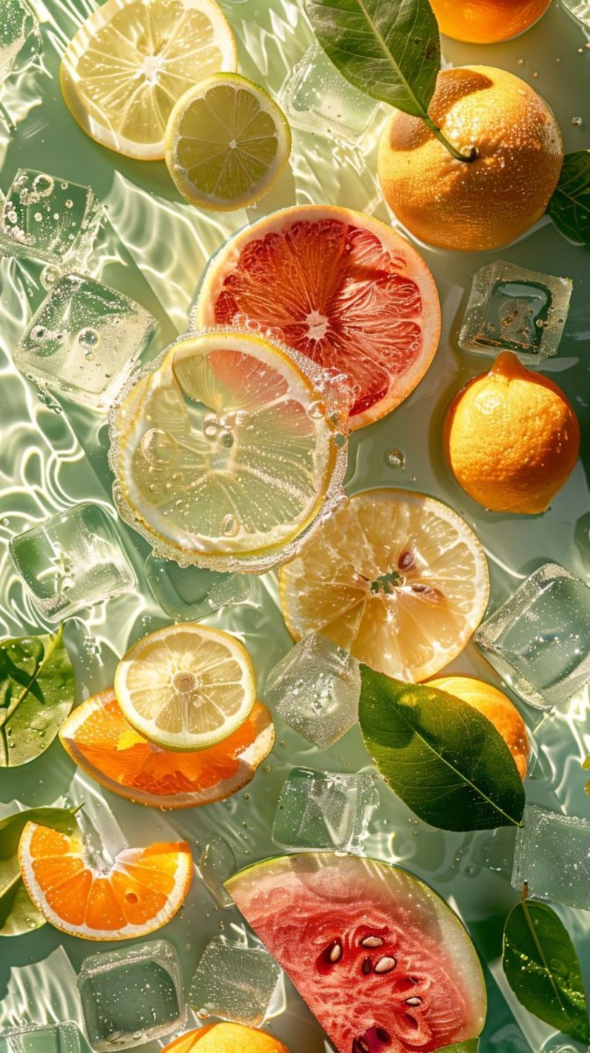 Agrumes et fruits dans une eau lumineuse
