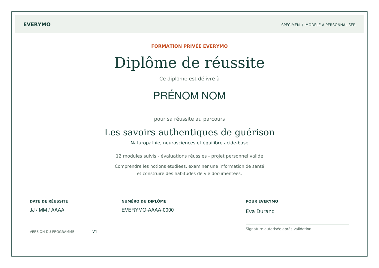 Spécimen du diplôme Everymo : prénom et nom, intitulé de la formation, date de réussite, numéro de diplôme et version du programme.